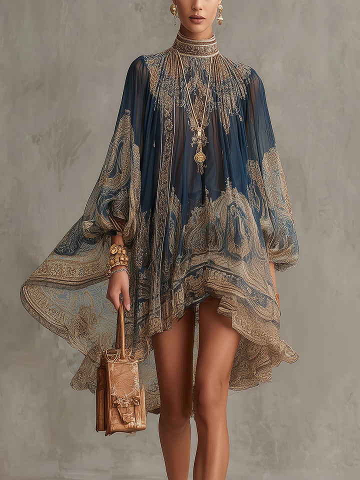 Robe Mini en Chiffon Irregulaire à Col Haut avec Imprimé Baroque Bleu Marine