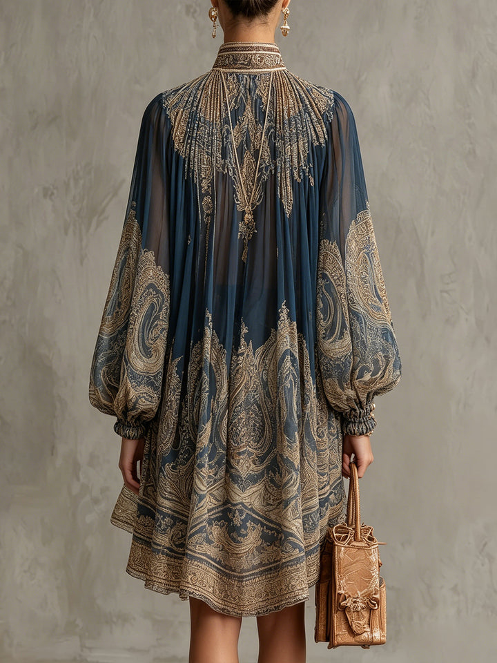 Robe Mini en Chiffon Irregulaire à Col Haut avec Imprimé Baroque Bleu Marine