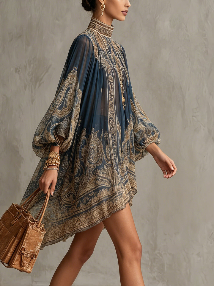 Robe Mini en Chiffon Irregulaire à Col Haut avec Imprimé Baroque Bleu Marine