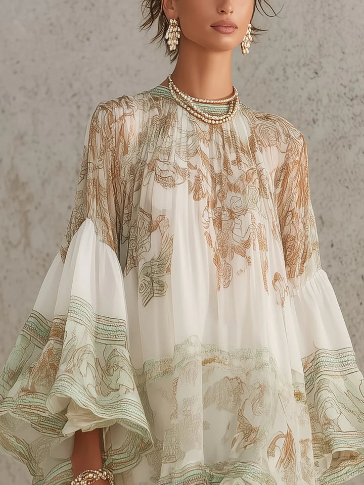 Robe Mini en Chiffon à Rayures et Manches Volantes Vert
