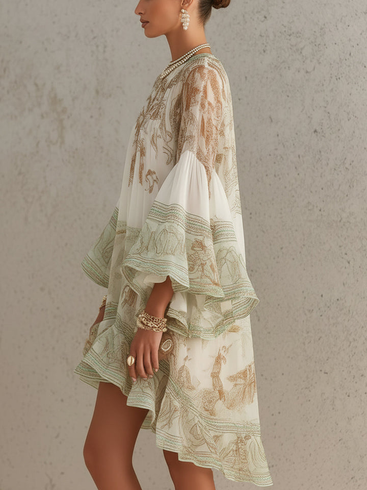 Robe Mini en Chiffon à Rayures et Manches Volantes Vert