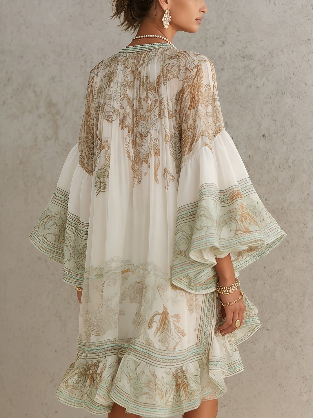 Robe Mini en Chiffon à Rayures et Manches Volantes Vert