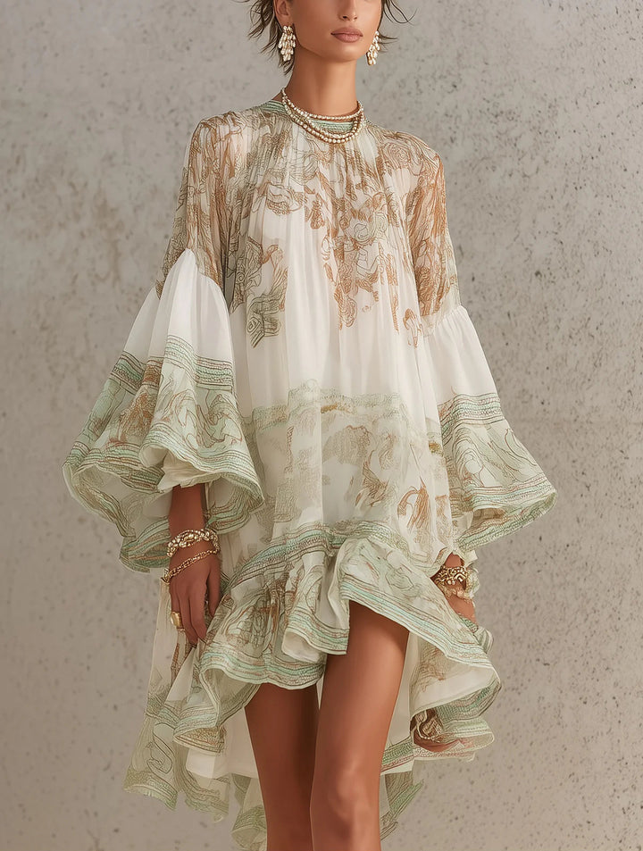 Robe Mini en Chiffon à Rayures et Manches Volantes Vert