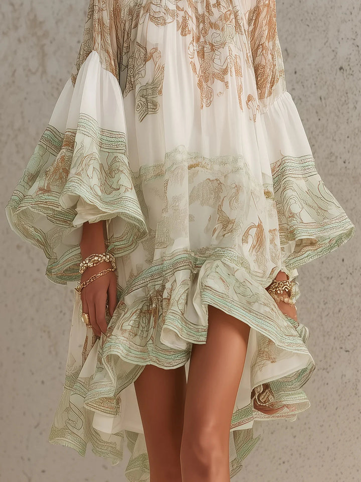 Robe Mini en Chiffon à Rayures et Manches Volantes Vert