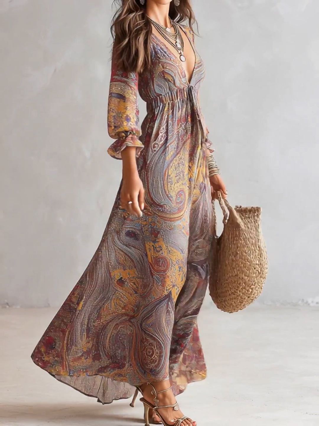 Robe Maxi en Chiffon avec Imprimé Paisley et Décolleté en V