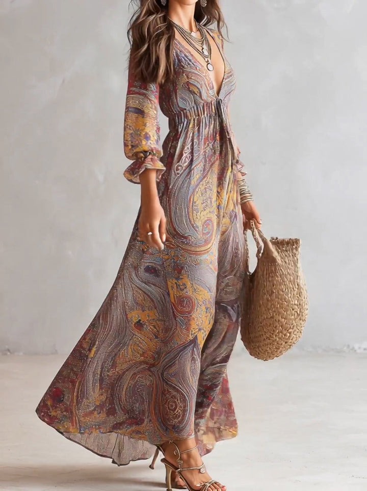 Robe Maxi en Chiffon avec Imprimé Paisley et Décolleté en V