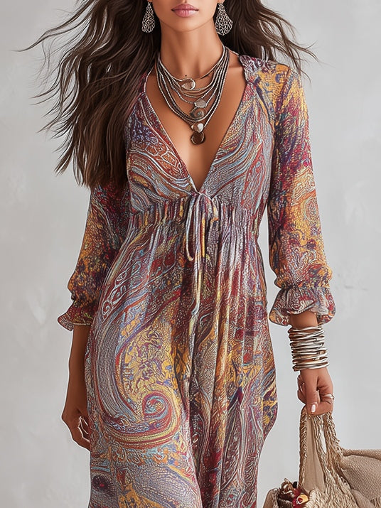 Robe Maxi en Chiffon avec Imprimé Paisley et Décolleté en V