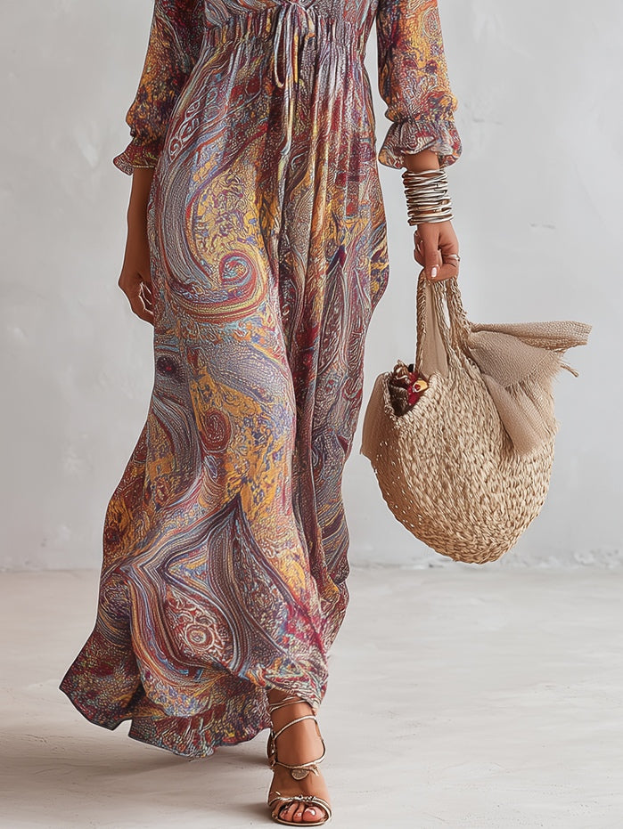 Robe Maxi en Chiffon avec Imprimé Paisley et Décolleté en V