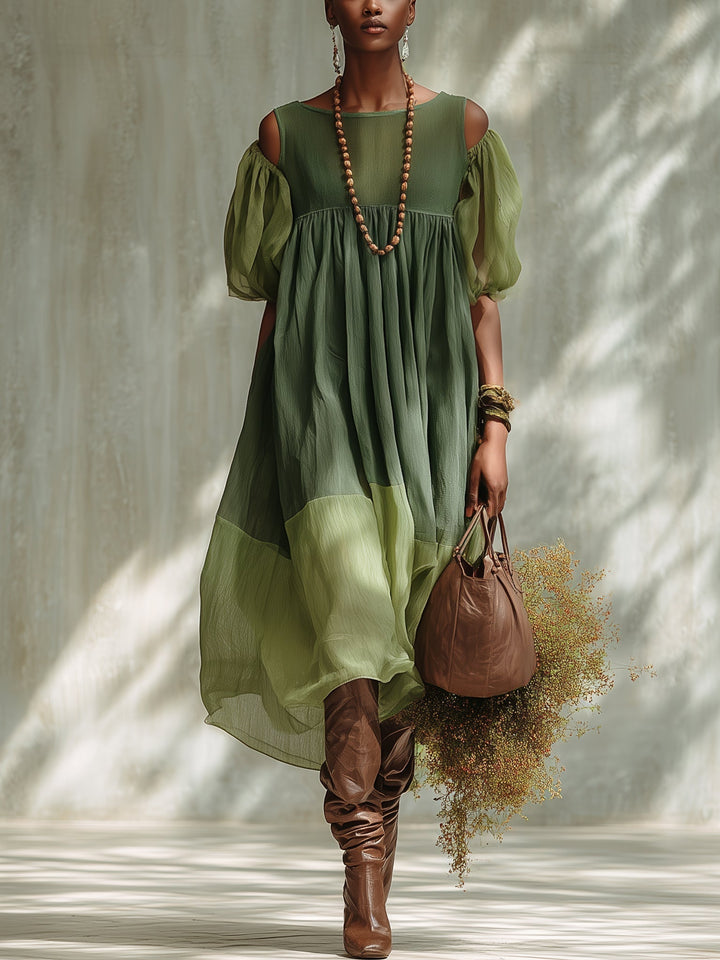 Robe Midi en Chiffon Vert avec Épaules Dégagées et Manches Courtes