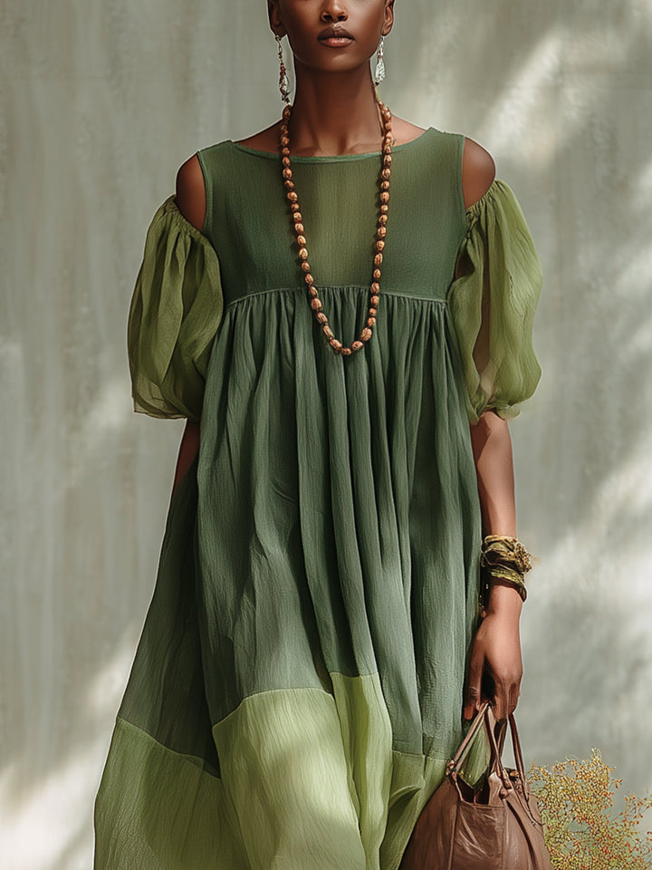 Robe Midi en Chiffon Vert avec Épaules Dégagées et Manches Courtes