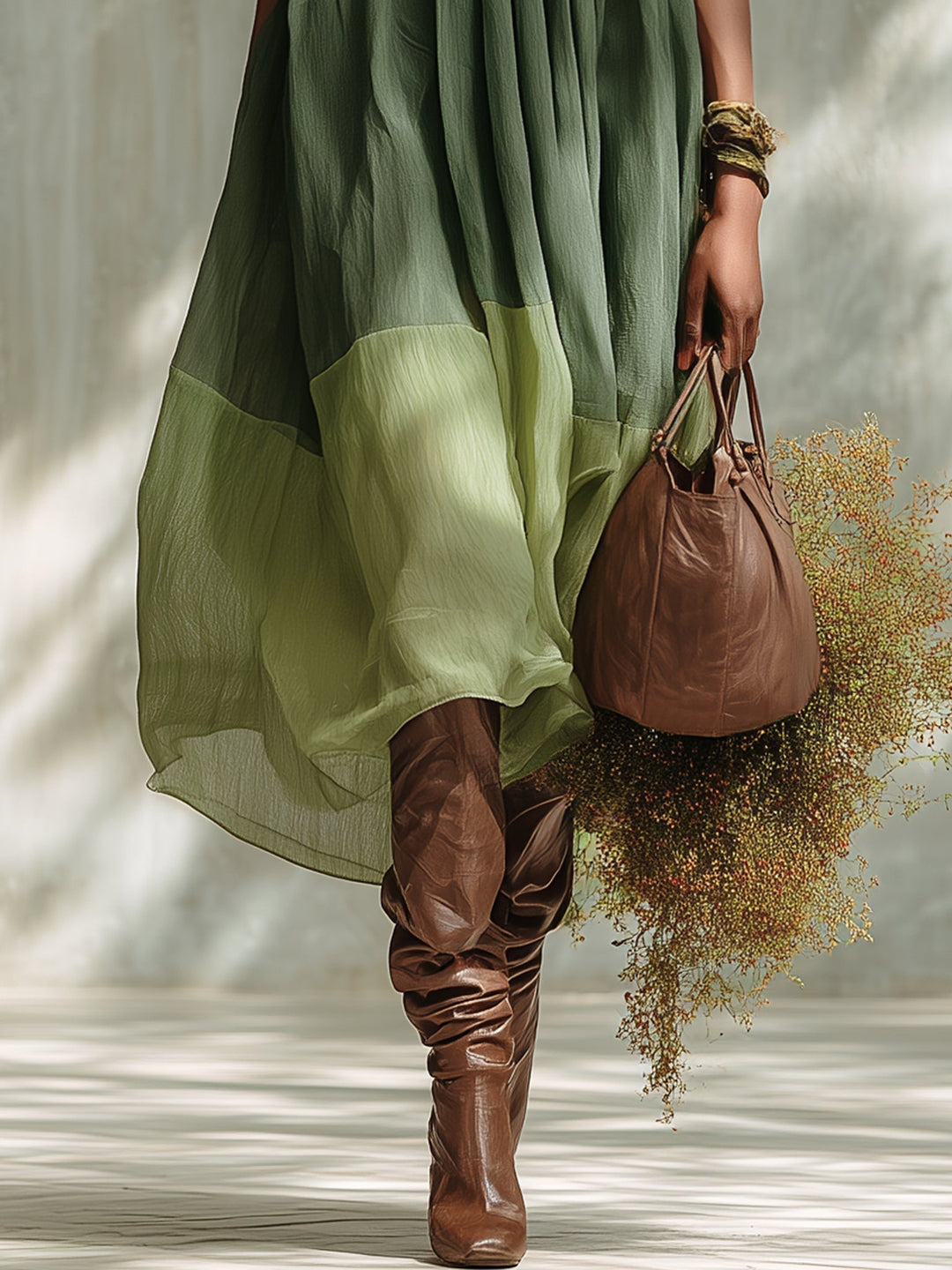 Robe Midi en Chiffon Vert avec Épaules Dégagées et Manches Courtes