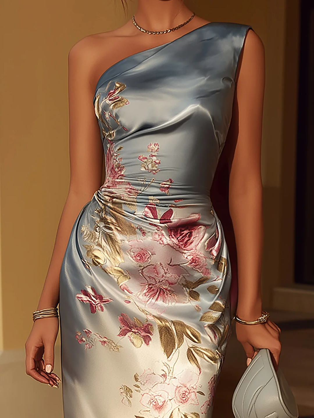 Robe Midi en Satin avec Imprimé Floral à Épaule Dénudée