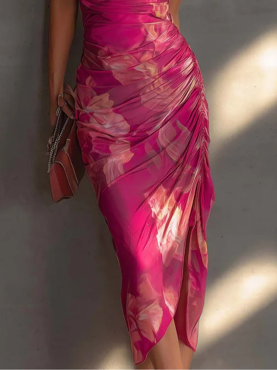 Robe bodycon sans manches avec imprimé floral fuchsia