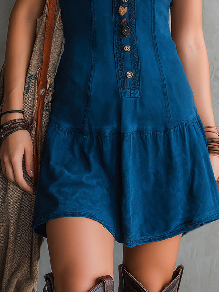 Robe Mini Sans Manches avec Décolleté en V et Boutons Bohémien Indigo
