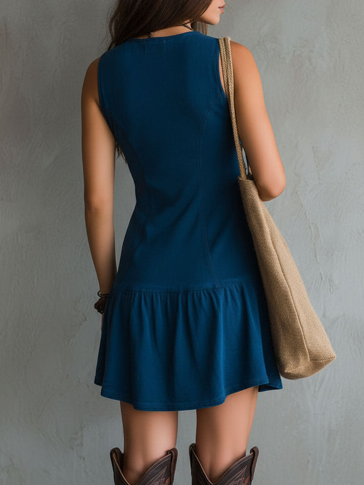 Robe Mini Sans Manches avec Décolleté en V et Boutons Bohémien Indigo