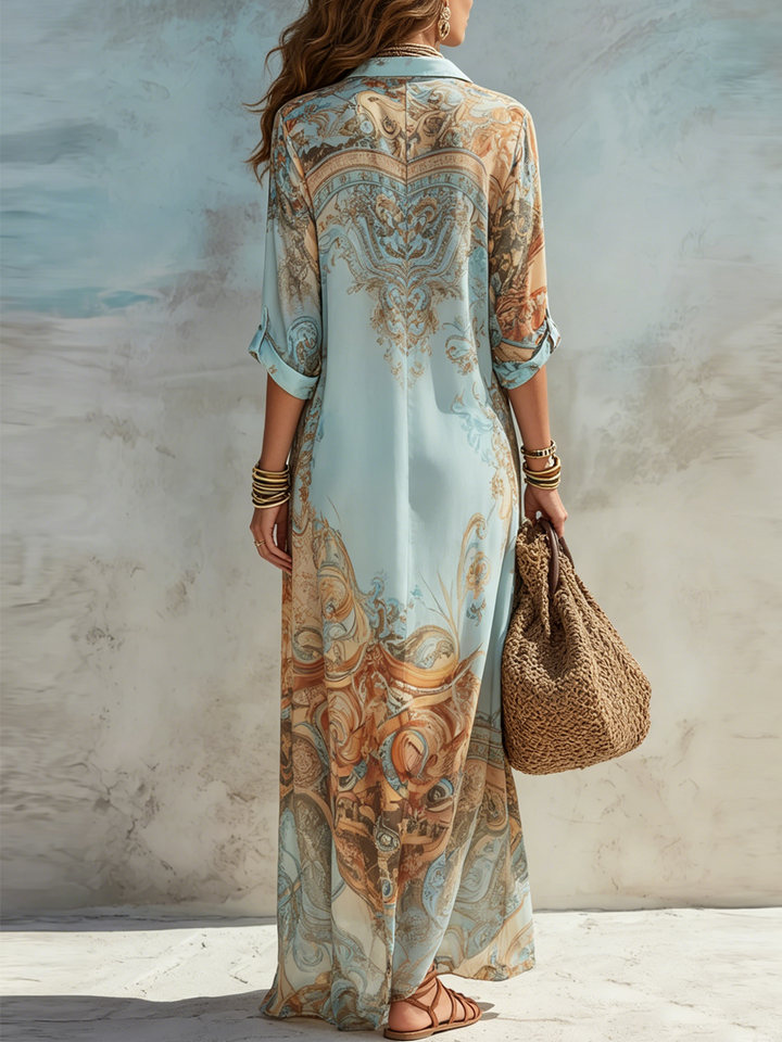Robe Maxi Bleue avec Imprimé Floral