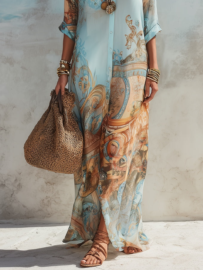 Robe Maxi Bleue avec Imprimé Floral