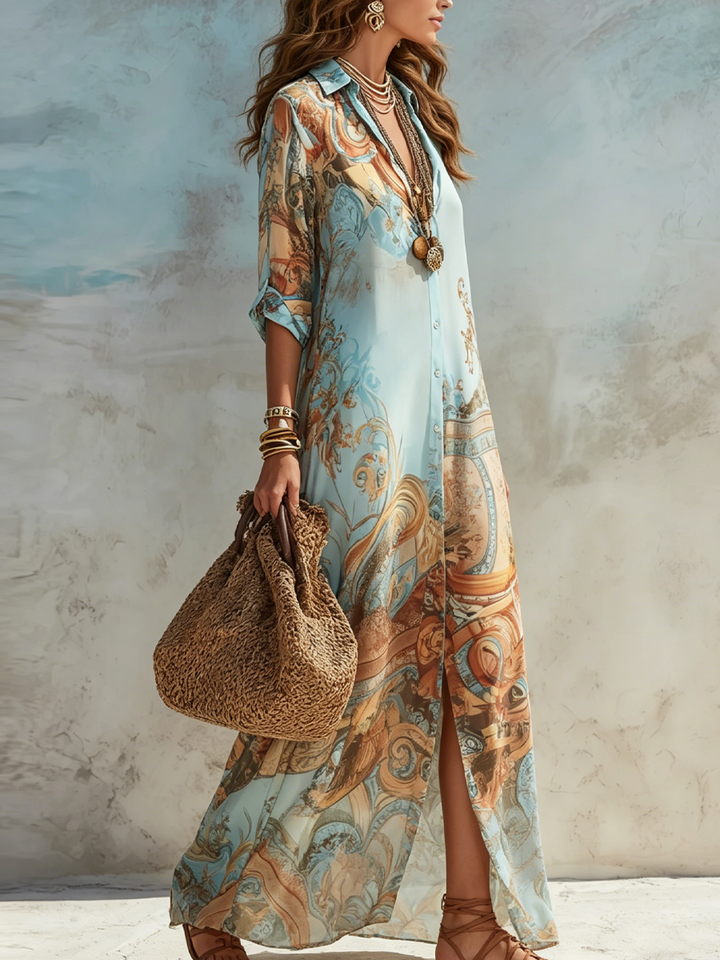 Robe Maxi Bleue avec Imprimé Floral