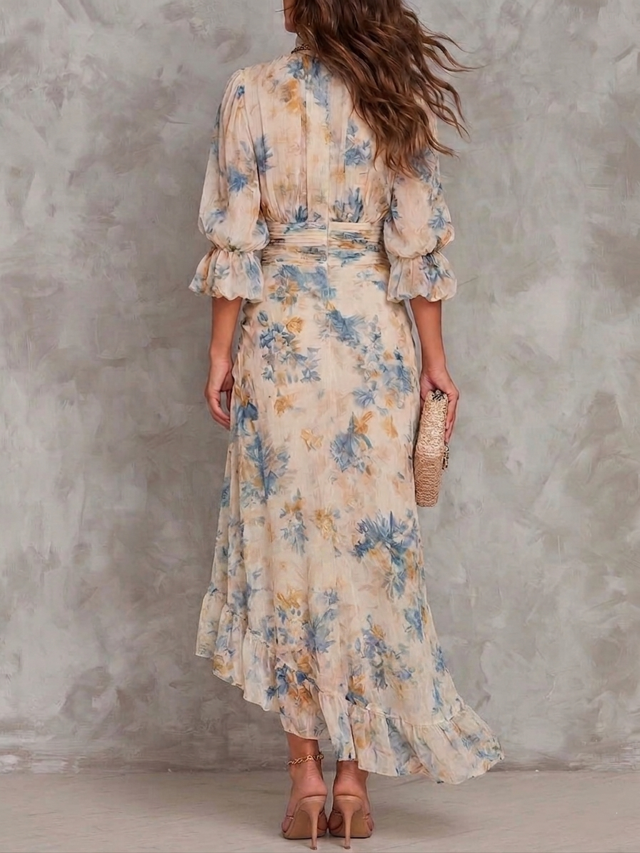 Robe Maxi en Chiffon Irregulier avec Imprimé Floral et Col Haut Beige