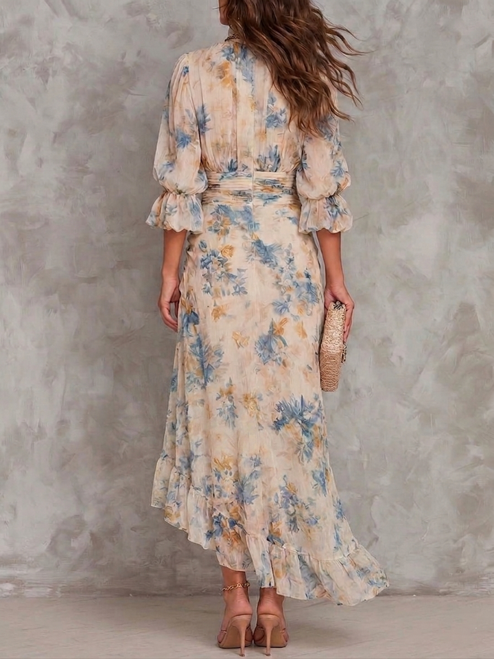 Robe Maxi en Chiffon Irregulier avec Imprimé Floral et Col Haut Beige