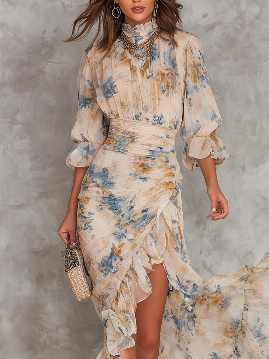 Robe Maxi en Chiffon Irregulier avec Imprimé Floral et Col Haut Beige