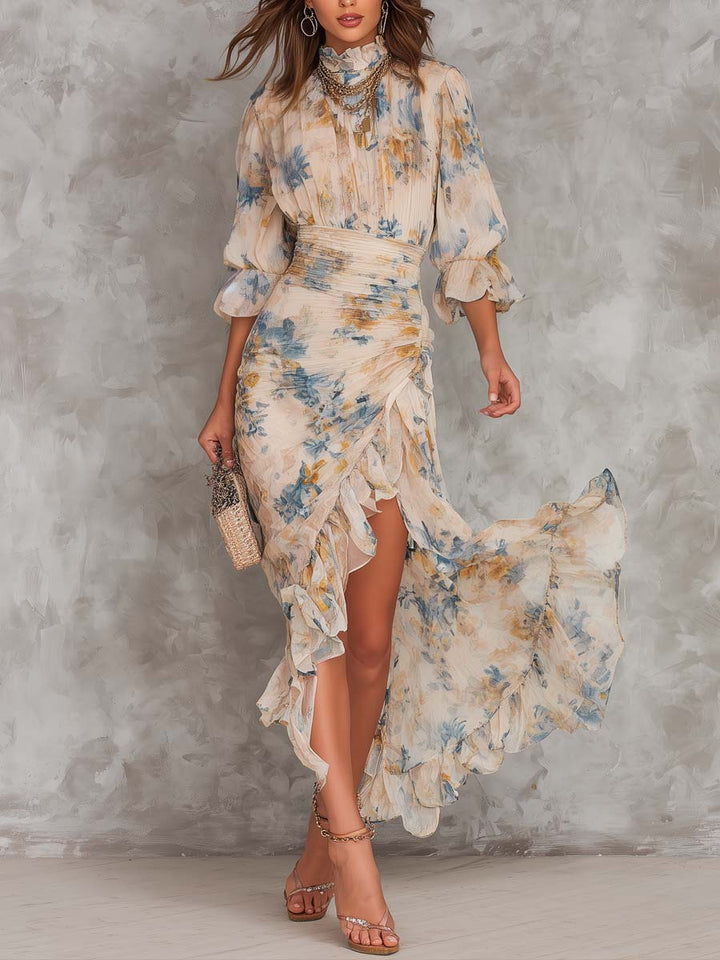 Robe Maxi en Chiffon Irregulier avec Imprimé Floral et Col Haut Beige