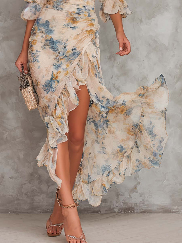 Robe Maxi en Chiffon Irregulier avec Imprimé Floral et Col Haut Beige