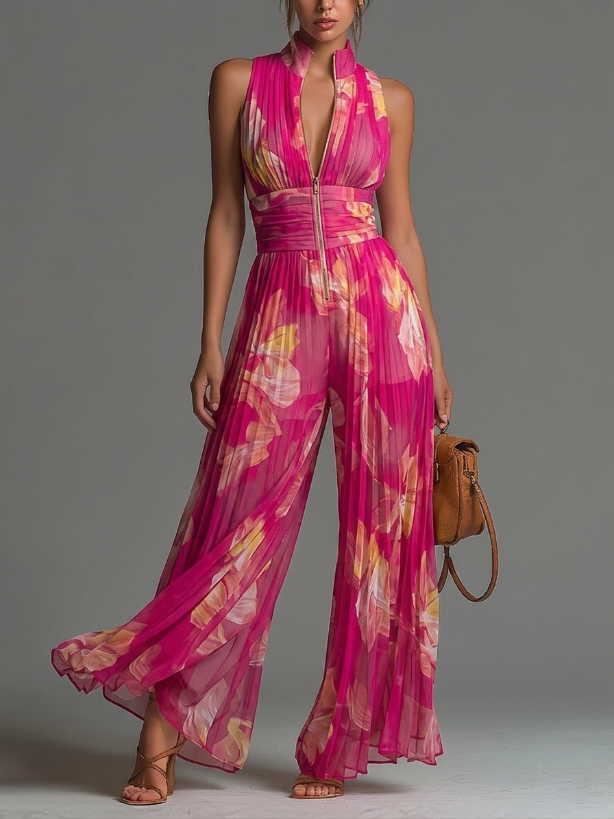 Nicole | Mono en chiffon plissé avec imprimé floral fuchsia