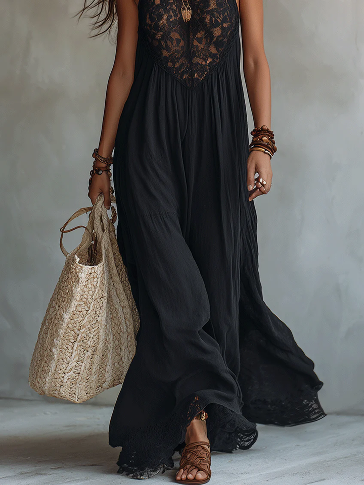 Robe Maxi Noire Sans Manches avec Dentelle Bohémienne