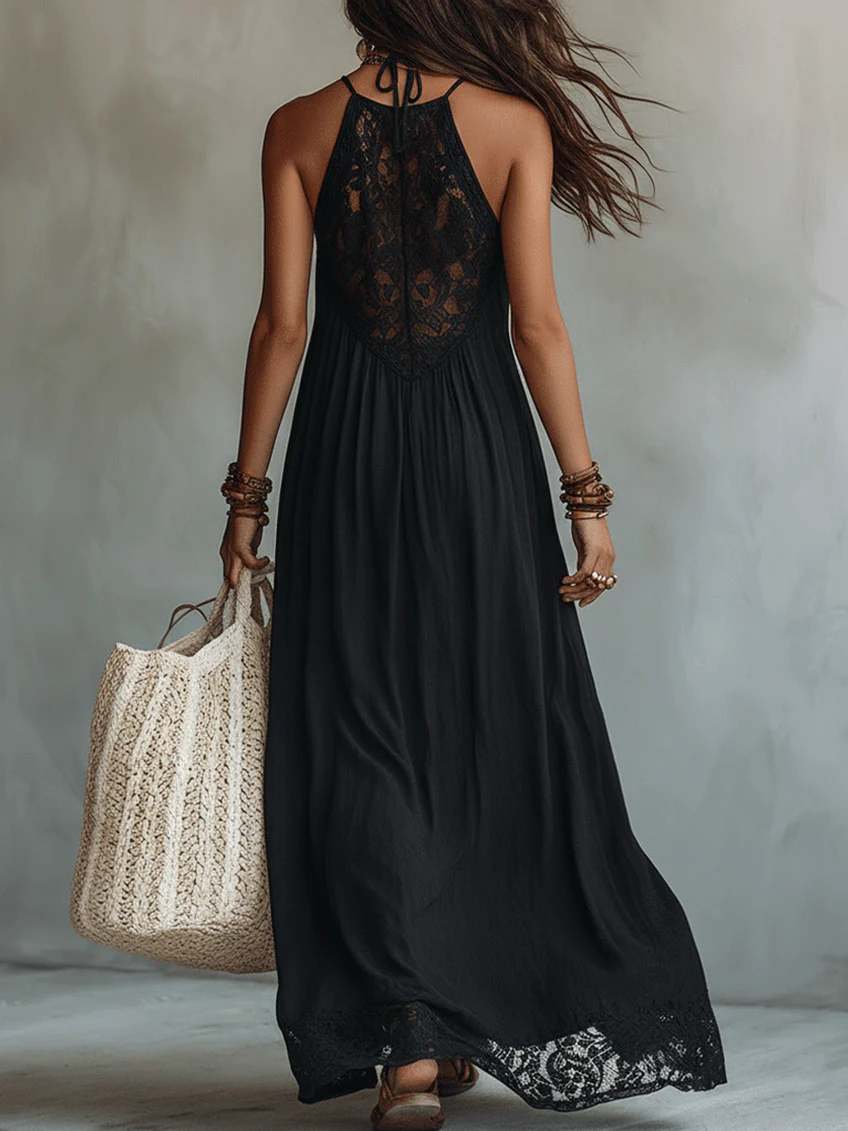 Robe Maxi Noire Sans Manches avec Dentelle Bohémienne