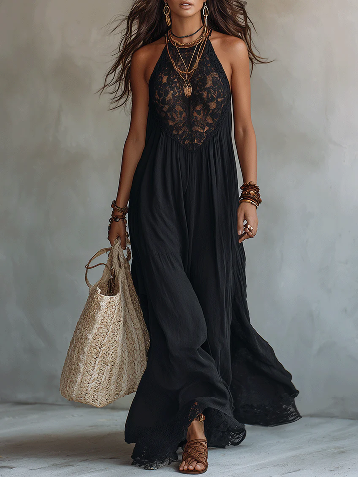 Robe Maxi Noire Sans Manches avec Dentelle Bohémienne