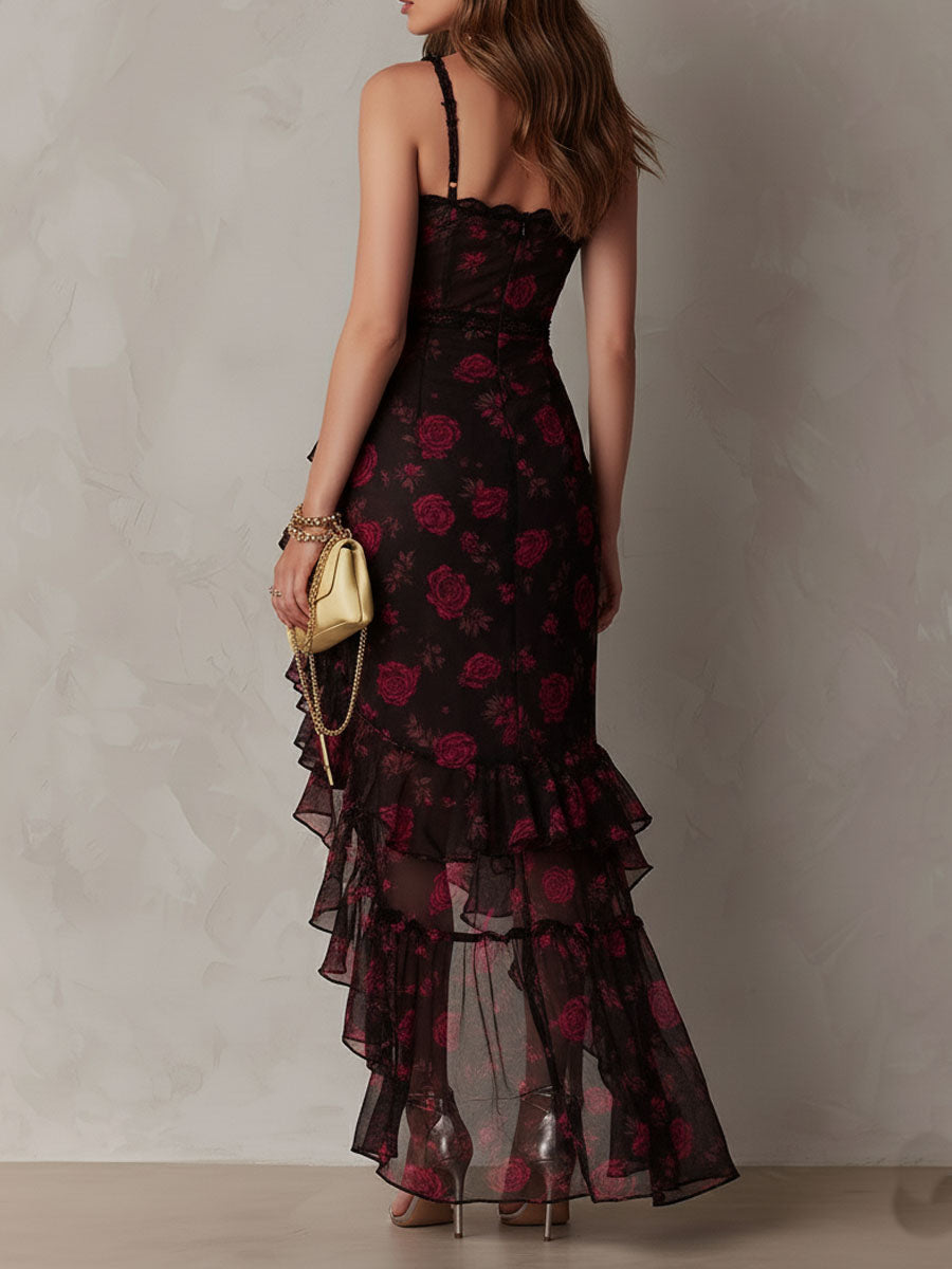 Robe Chic Noire et Rouge avec Fleurs et Volants en Bas