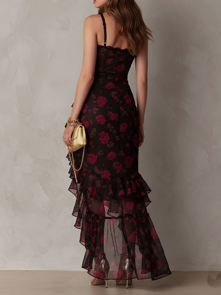 Robe Chic Noire et Rouge avec Fleurs et Volants en Bas