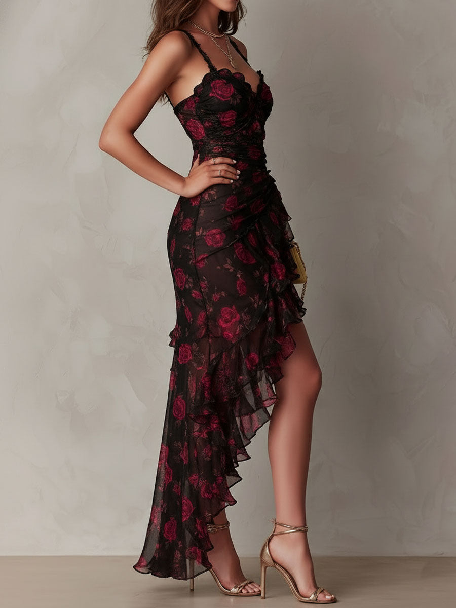 Robe Chic Noire et Rouge avec Fleurs et Volants en Bas