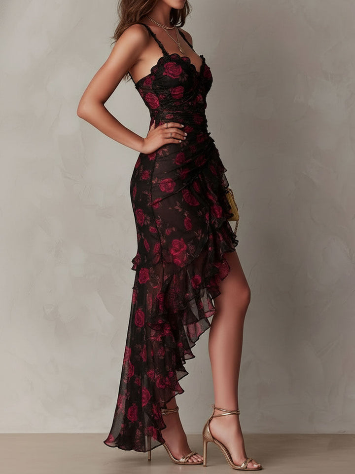 Robe Chic Noire et Rouge avec Fleurs et Volants en Bas