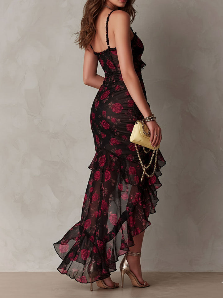 Robe Chic Noire et Rouge avec Fleurs et Volants en Bas