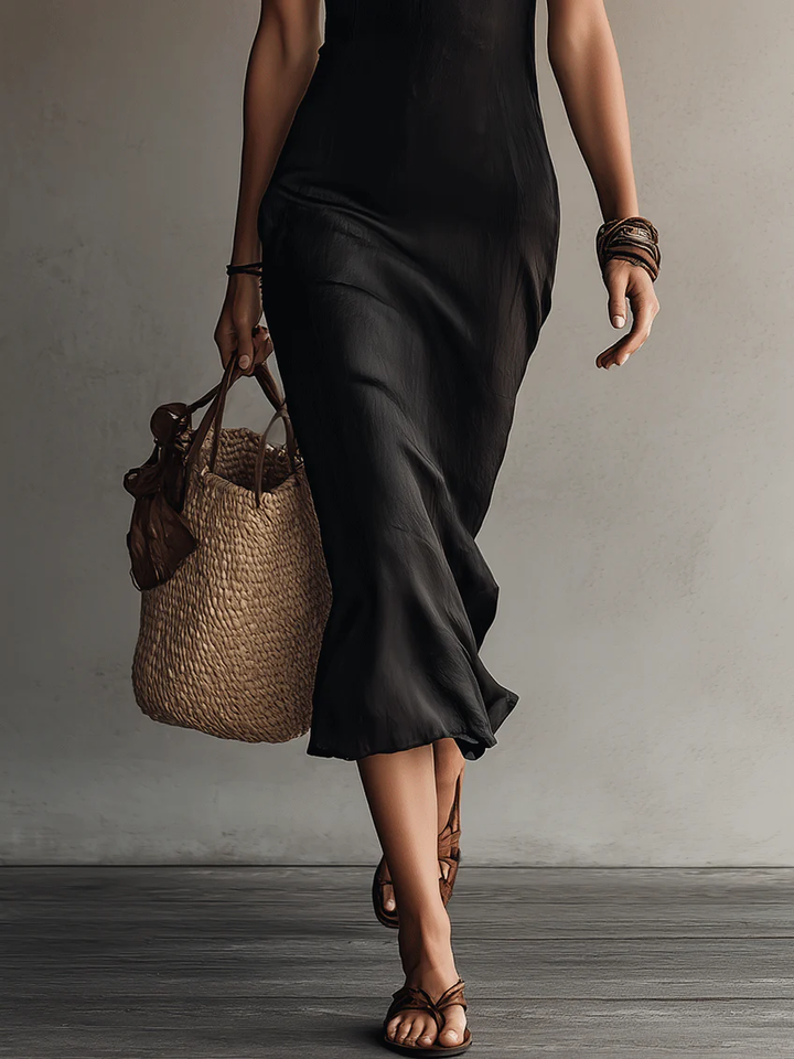 Mariana | Robe midi noire à col V et dentelle