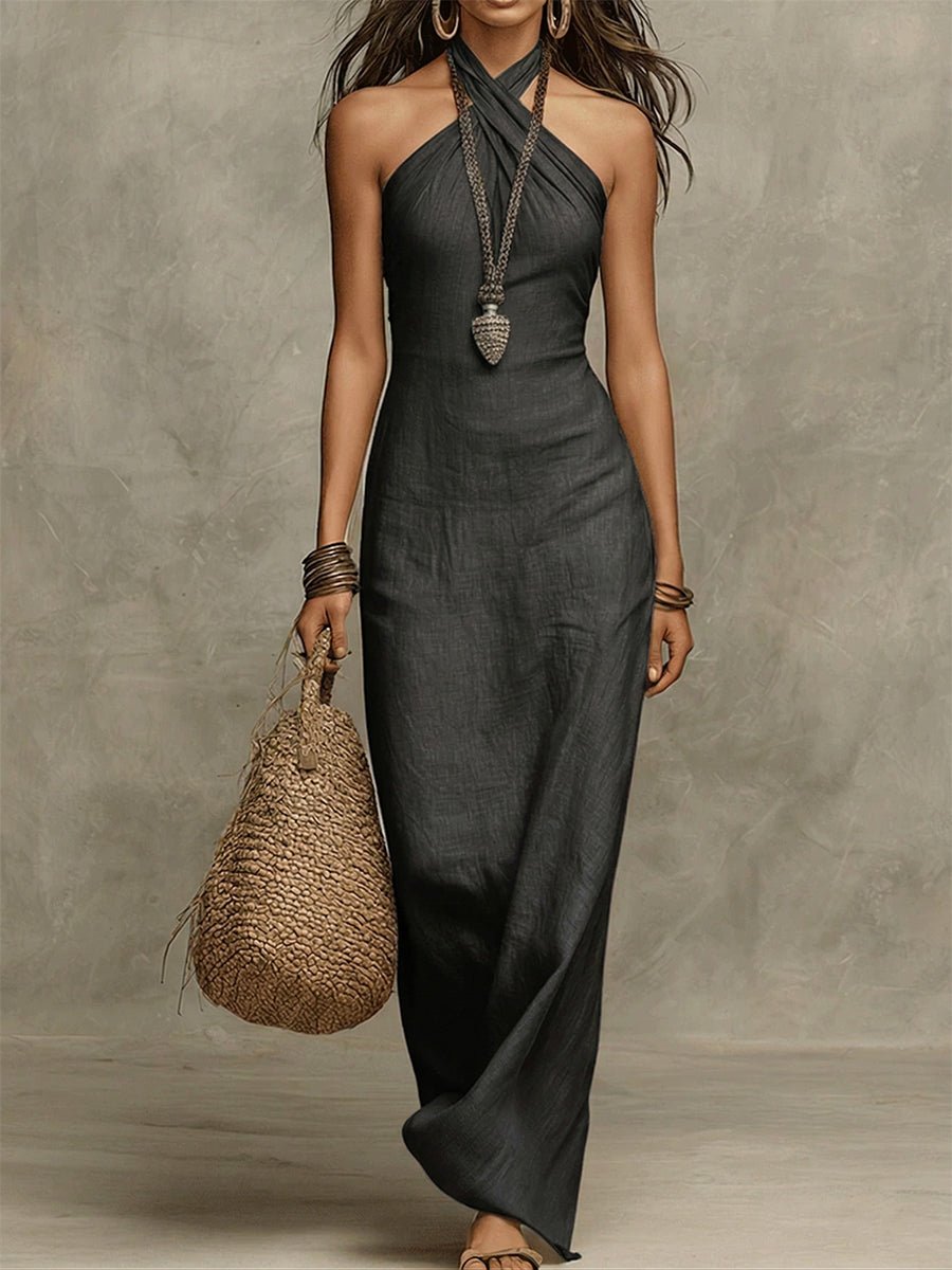 Elena | Robe maxi avec col halter volumineux en coton premium