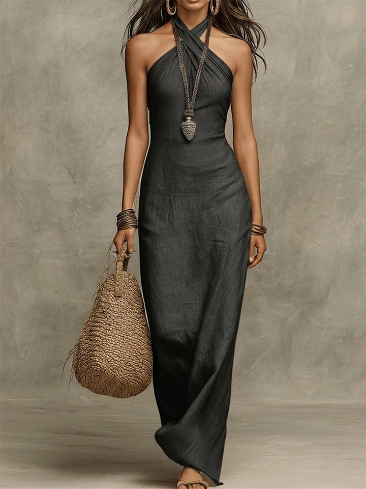 Elena | Robe maxi avec col halter volumineux en coton premium