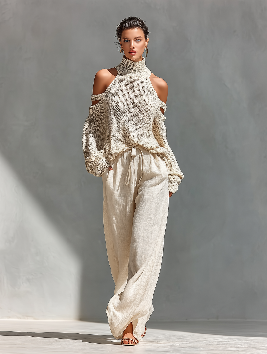 MARIA | Ensemble Top Col Roulé à Épaules Dénudées en Tissu Tricoté