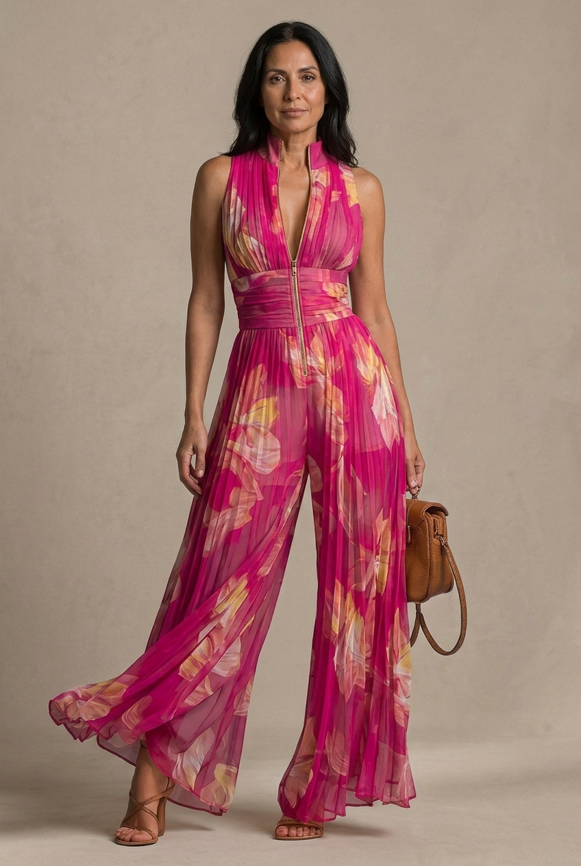 Nicole | Mono en chiffon plissé avec imprimé floral fuchsia