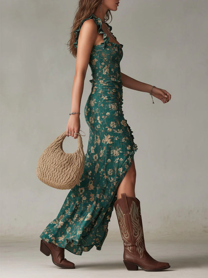 Zara | Robe Maxi Florale Bohémienne Froncée avec Fente Latérale