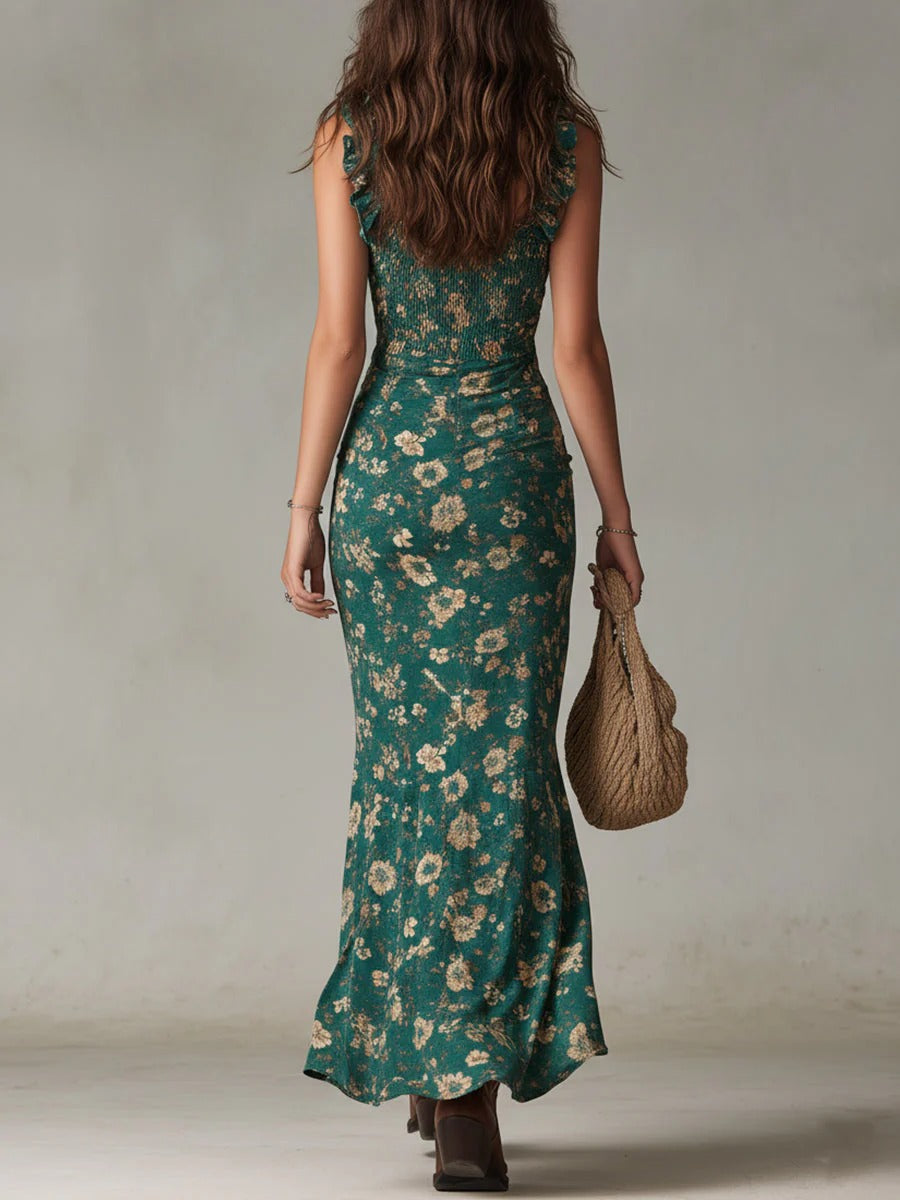 Zara | Robe Maxi Florale Bohémienne Froncée avec Fente Latérale