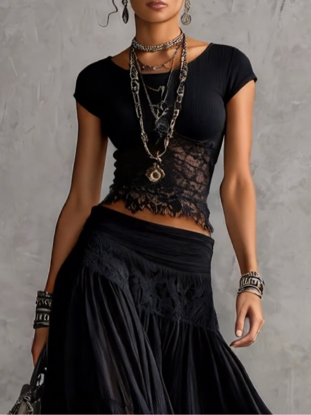 Ensemble Haut en Dentelle Noire Transparent et Jupe Maxi Plissée