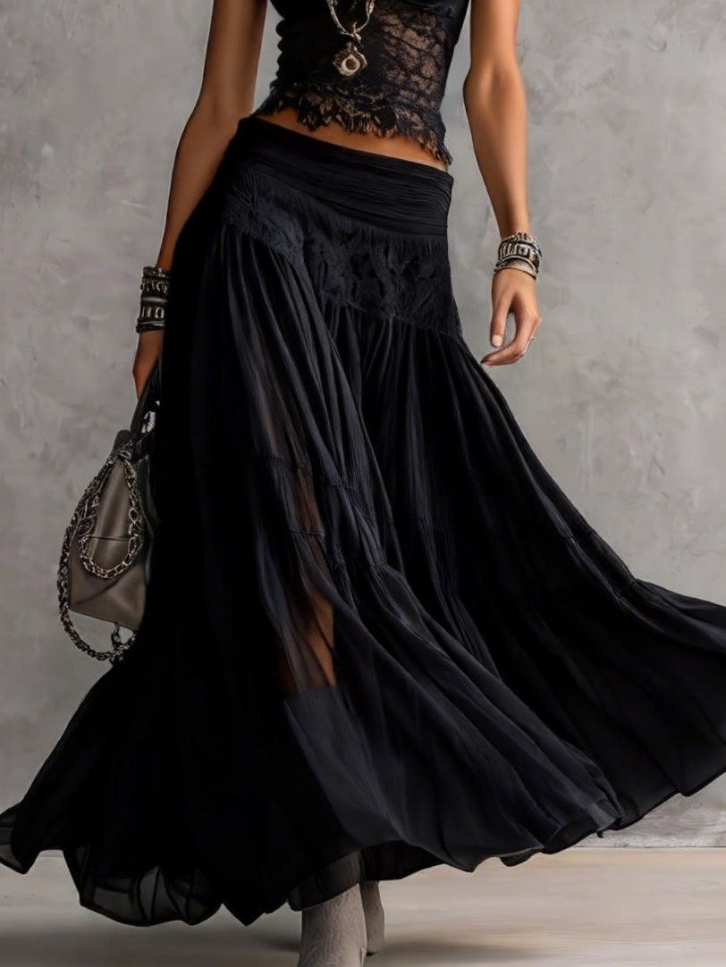 Ensemble Haut en Dentelle Noire Transparent et Jupe Maxi Plissée