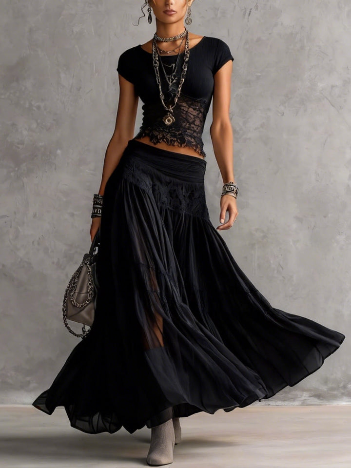 Ensemble Haut en Dentelle Noire Transparent et Jupe Maxi Plissée