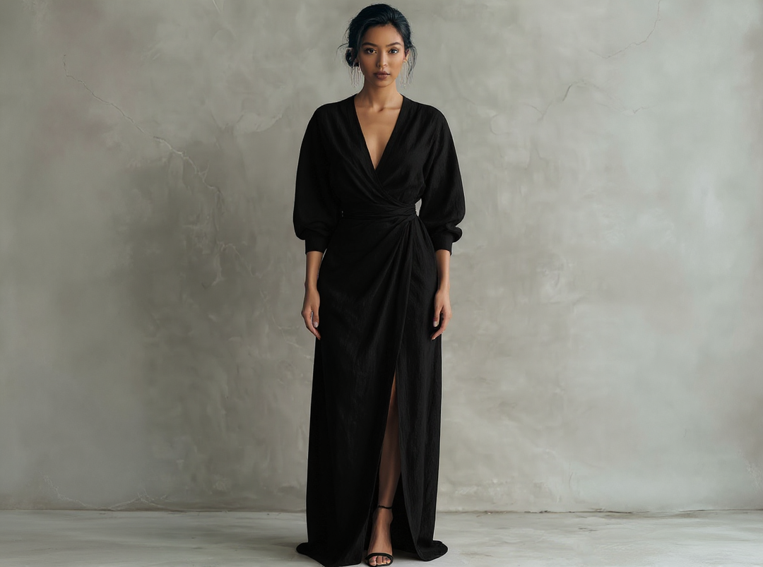 Marie - Robe Maxi Minimaliste Rose avec décolleté en V en mélange de Lin pour Femme