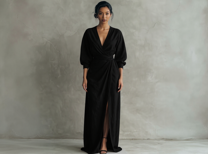 Marie - Robe Maxi Minimaliste Rose avec décolleté en V en mélange de Lin pour Femme