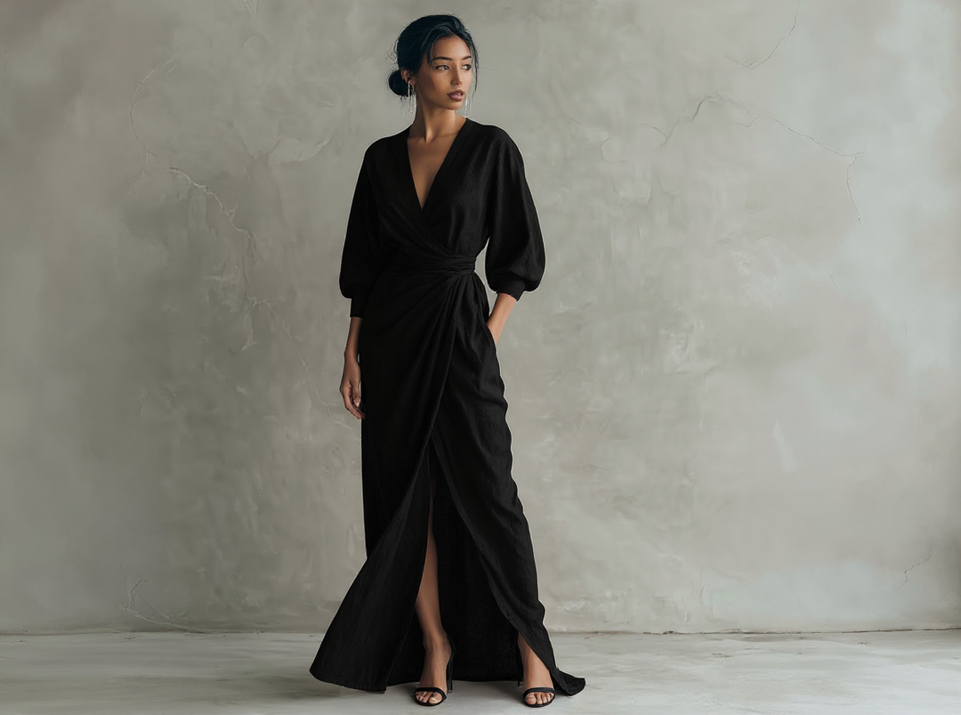 Marie - Robe Maxi Minimaliste Rose avec décolleté en V en mélange de Lin pour Femme