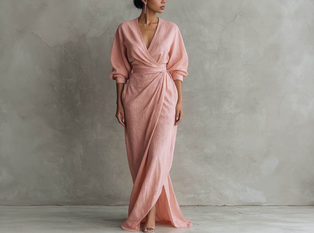 Marie - Robe Maxi Minimaliste Rose avec décolleté en V en mélange de Lin pour Femme